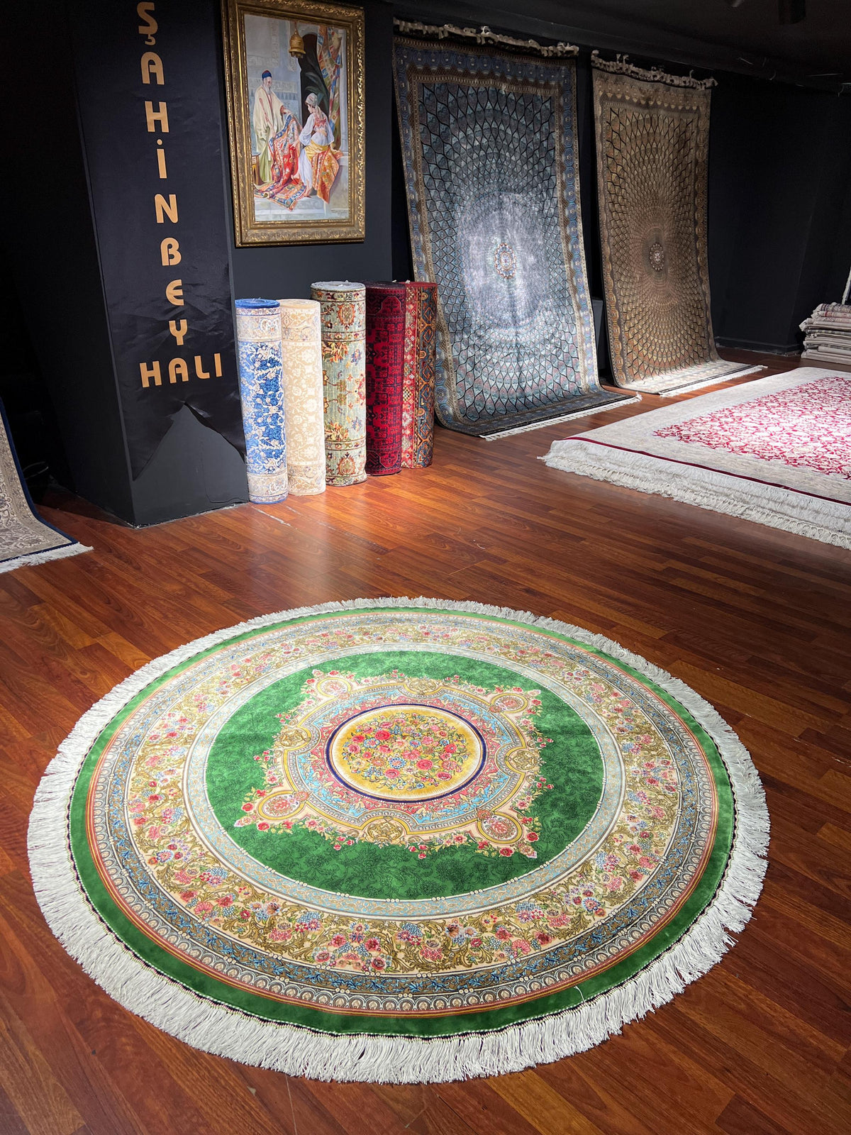 5x5ft Green Round Rug, Floral Medallion Circle Rug, Modal Silk Area Rug, Luxury Home Decor