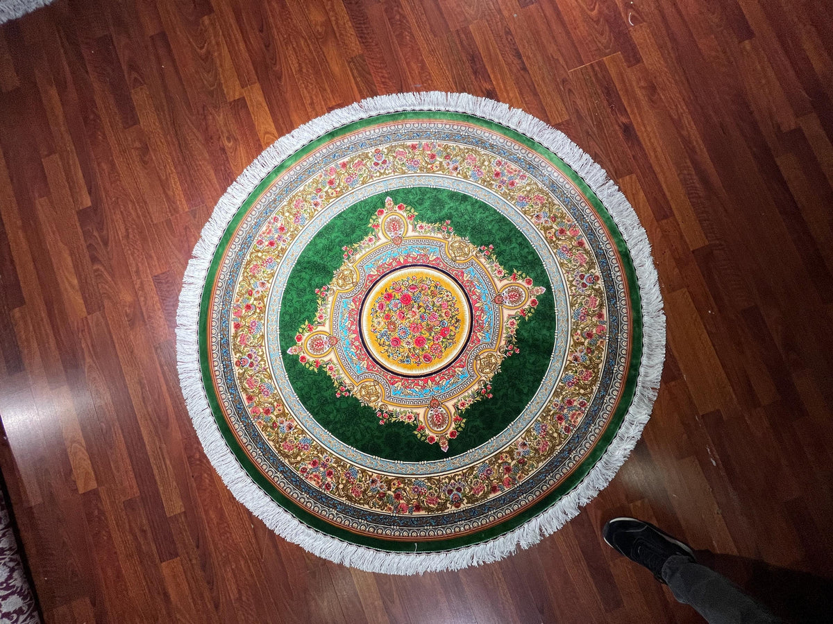 5x5ft Green Round Rug, Floral Medallion Circle Rug, Modal Silk Area Rug, Luxury Home Decor