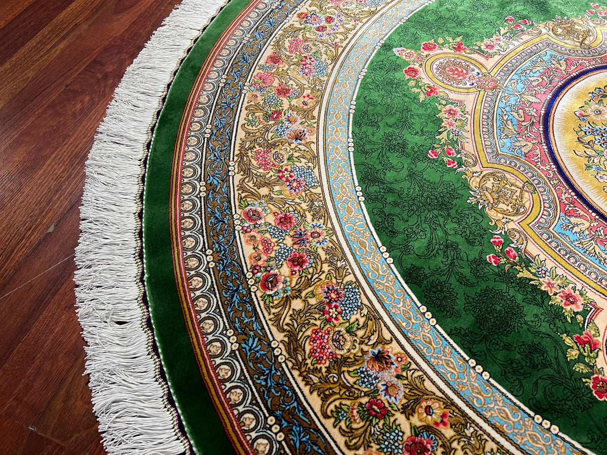 5x5ft Green Round Rug, Floral Medallion Circle Rug, Modal Silk Area Rug, Luxury Home Decor