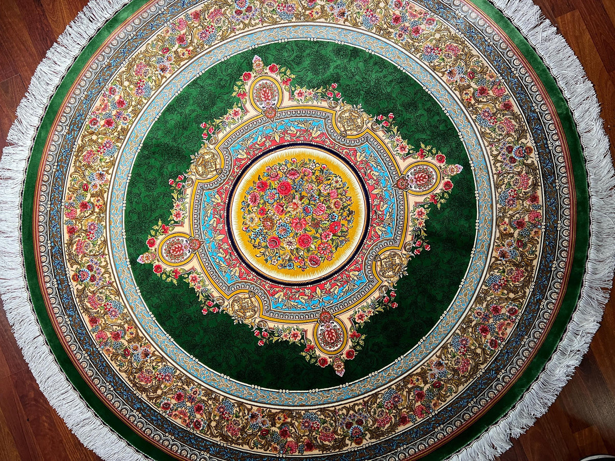 5x5ft Green Round Rug, Floral Medallion Circle Rug, Modal Silk Area Rug, Luxury Home Decor