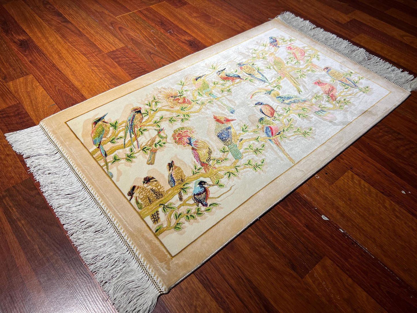 1.64x2.62 ft Bird Pattern Modal Silk Tapestry, Mini Wall Hanging Rug, Decorative Bird Rug, Handcrafted Fringe Accent Rug