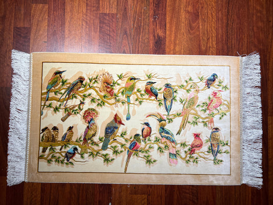 1.64x2.62 ft Bird Pattern Modal Silk Tapestry, Mini Wall Hanging Rug, Decorative Bird Rug, Handcrafted Fringe Accent Rug