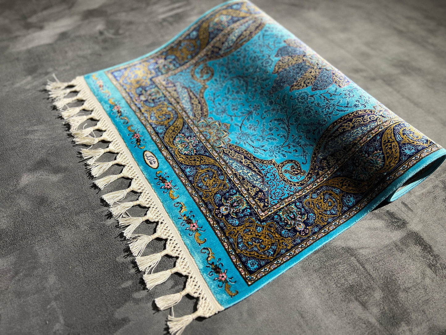 2x3 Turquoise Modal Silk Gift Rug, Floral Medallion Mini Tapestry Rug, Decorative Wall Hanging Rug, Small Accent Rug