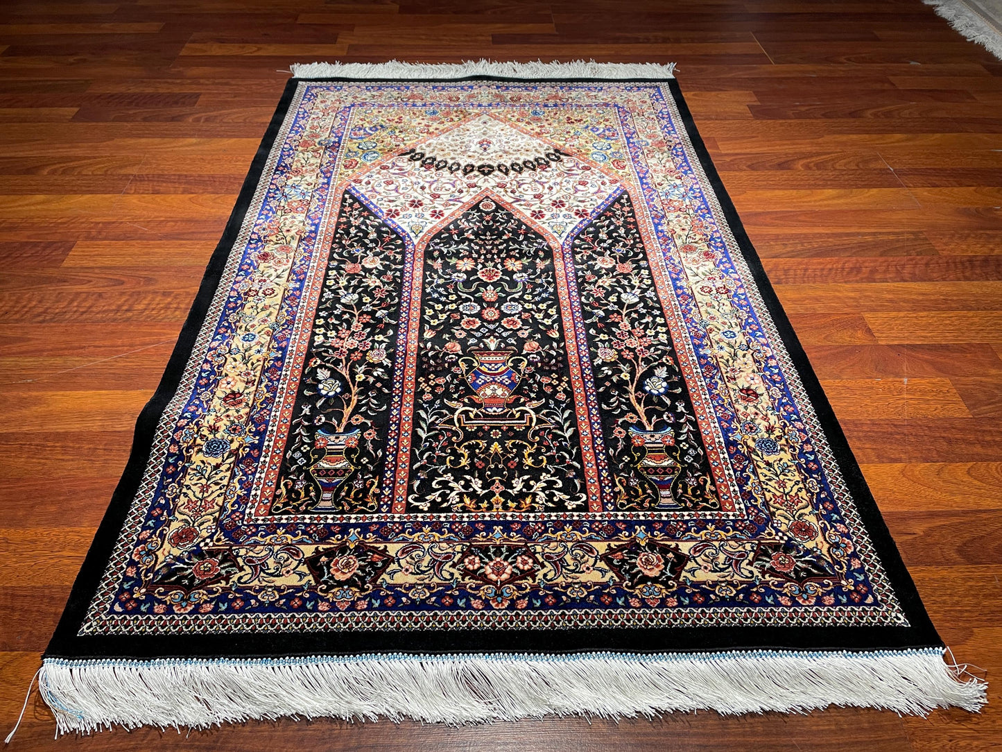 Black Modal Silk Sajjadah Prayer Rug, 120 Combs Floral Mihrab Rug, Luxury Islamic Prayer Mat, Muslim Gift Rug