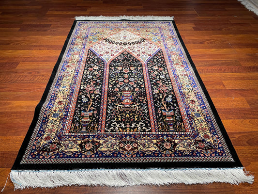 Black Modal Silk Sajjadah Prayer Rug, 120 Combs Floral Mihrab Rug, Luxury Islamic Prayer Mat, Muslim Gift Rug