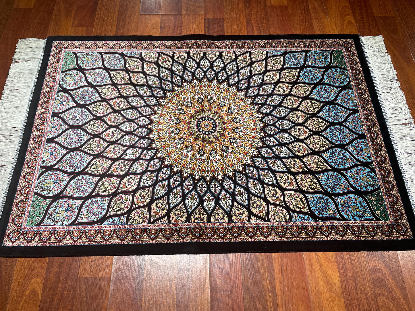 2x3 Black Blue Modal Silk Gift Rug, Geometric Medallion Mini Tapestry Rug, Decorative Wall Hanging Rug