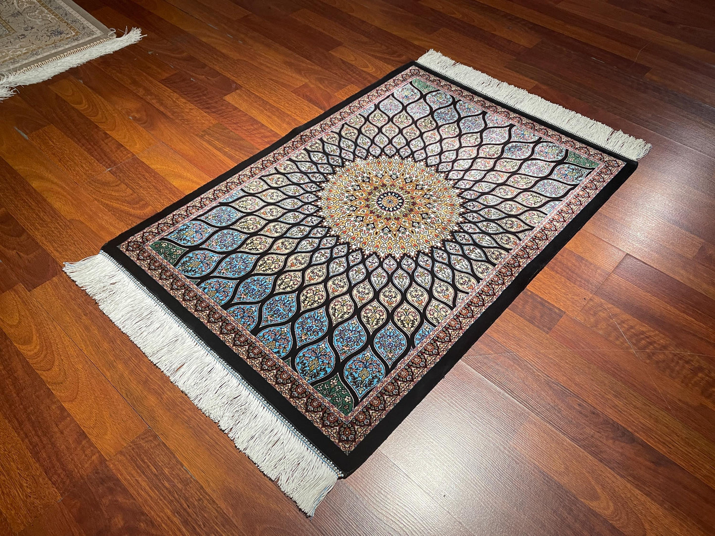 2x3 Black Blue Modal Silk Gift Rug, Geometric Medallion Mini Tapestry Rug, Decorative Wall Hanging Rug