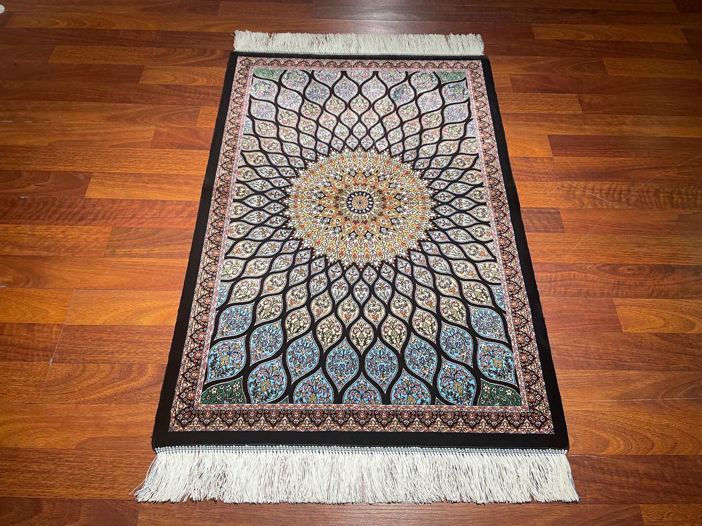 2x3 Black Blue Modal Silk Gift Rug, Geometric Medallion Mini Tapestry Rug, Decorative Wall Hanging Rug