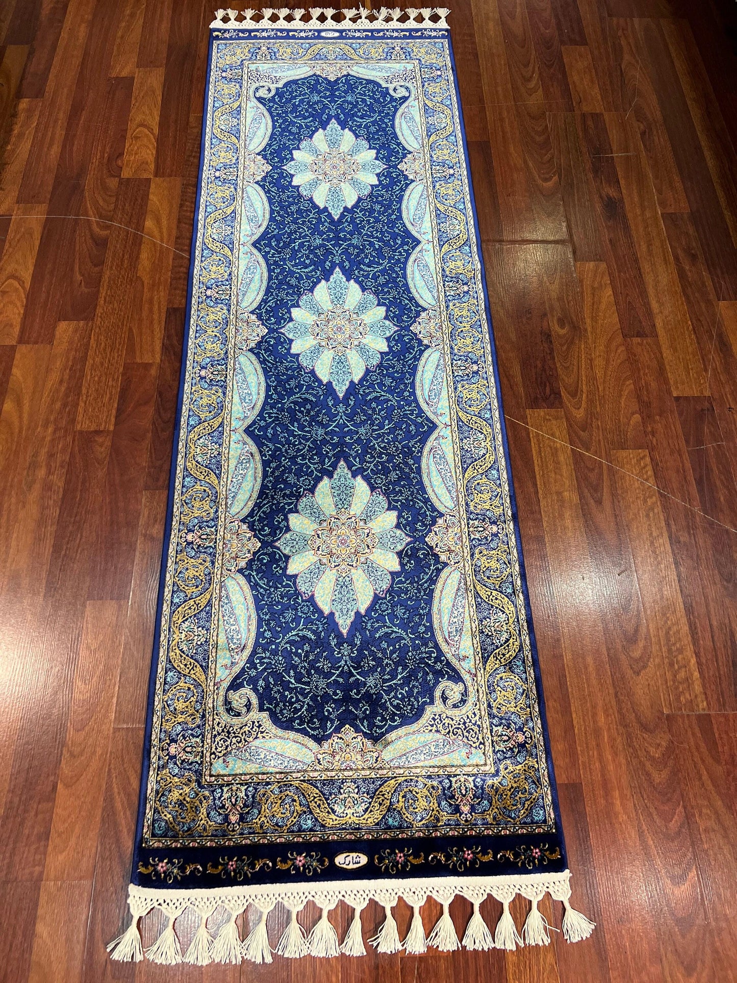 3x10ft Blue Silk Runner Rug, Navy Floral Hallway Rug, Silk Living Room Rug