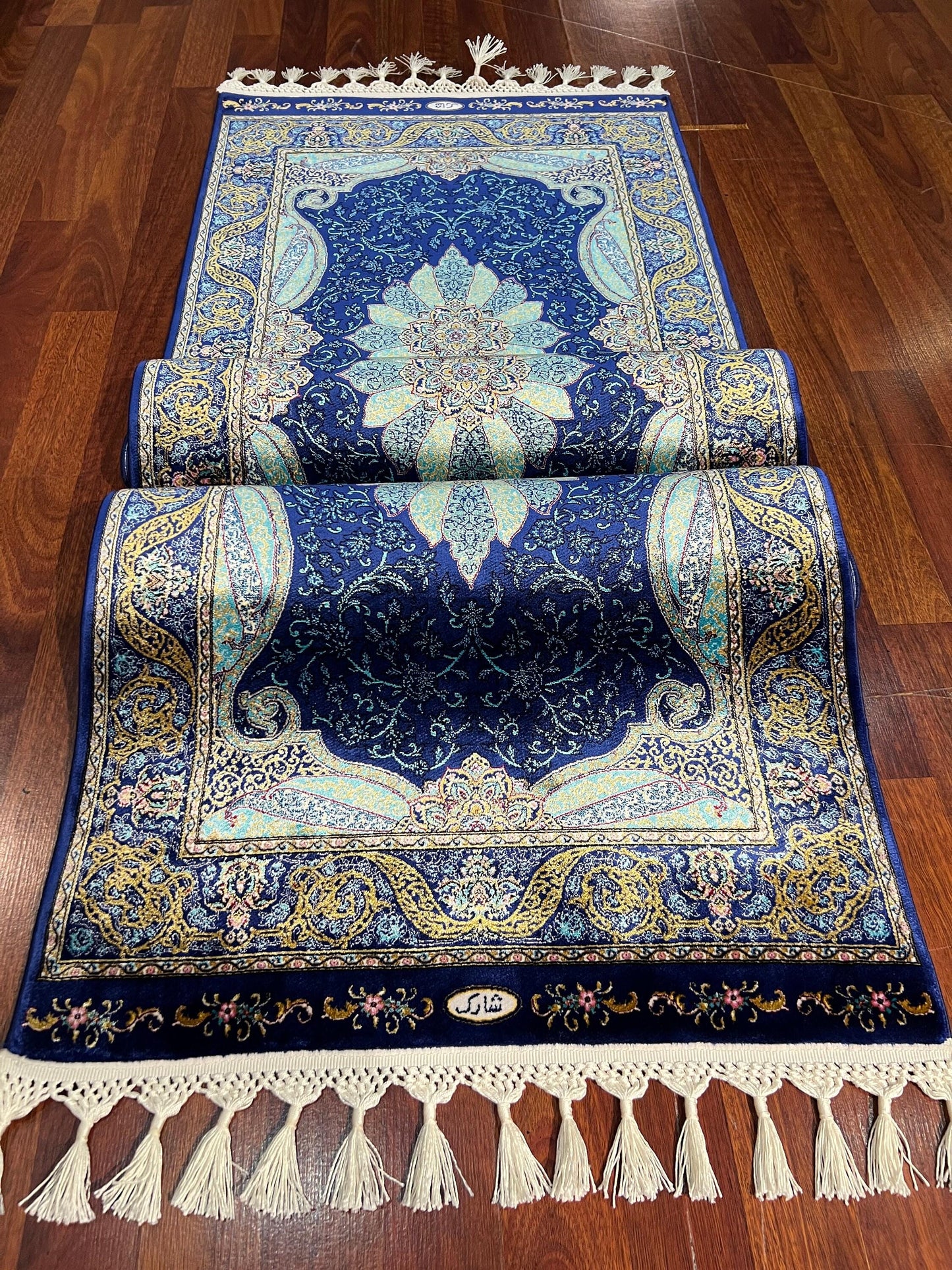 3x10ft Blue Silk Runner Rug, Navy Floral Hallway Rug, Silk Living Room Rug