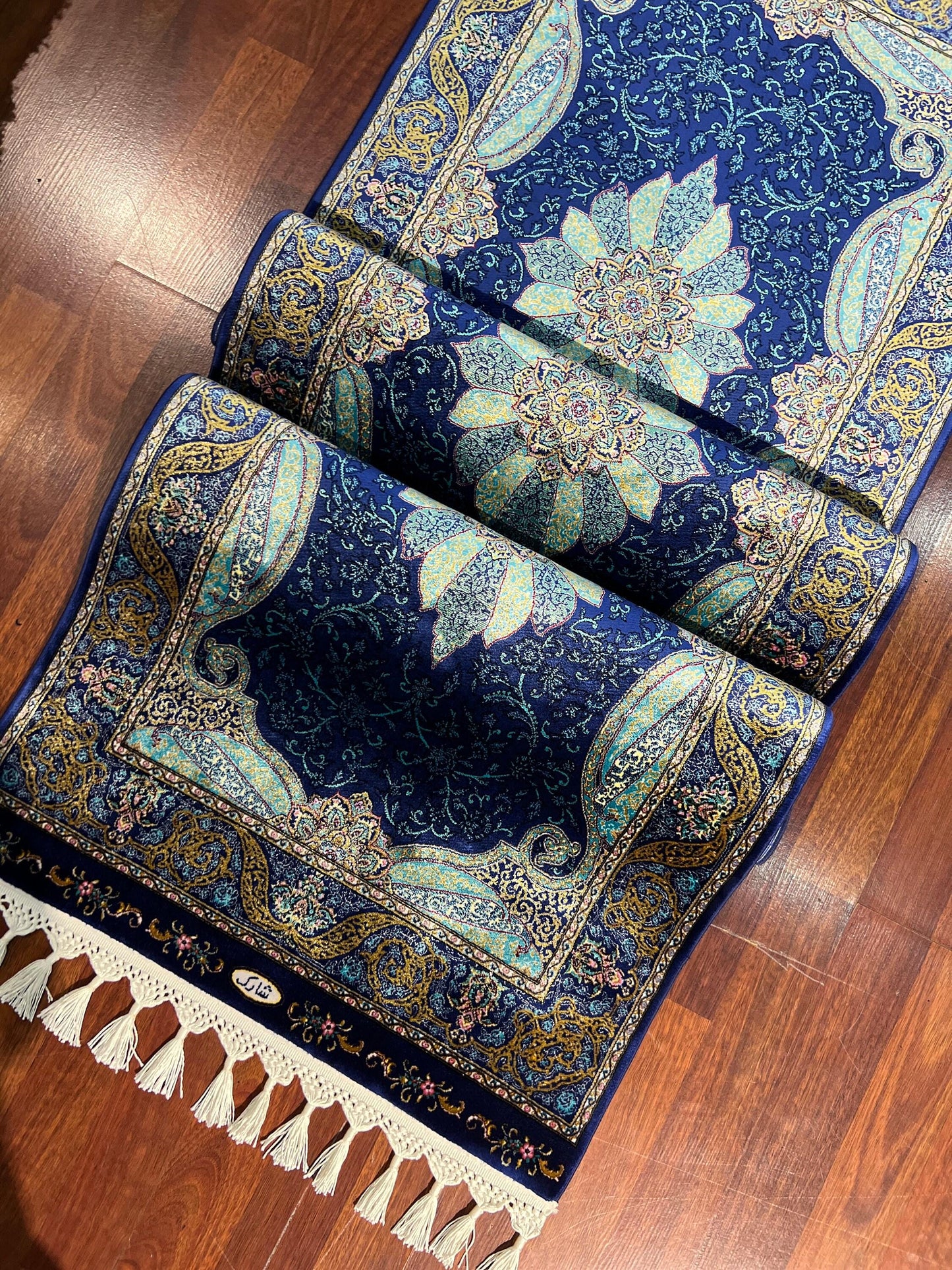 3x10ft Blue Silk Runner Rug, Navy Floral Hallway Rug, Silk Living Room Rug