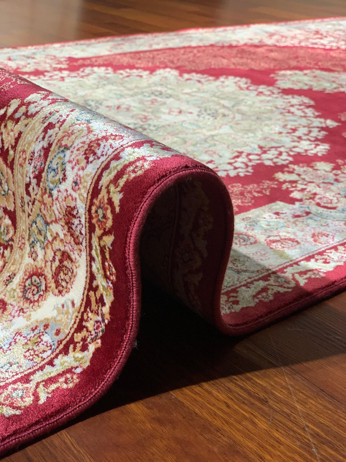 3x10 Red Silk Runner Rug, Beige Gold Entryway Rug, Floral Medallion Living Room Rug