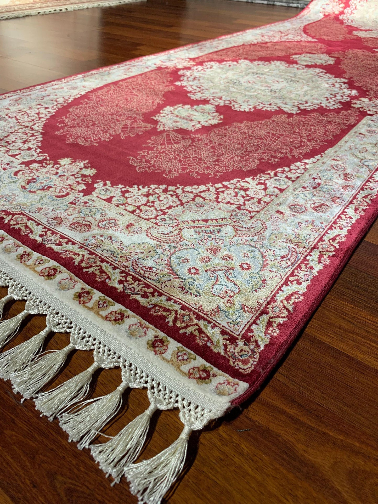 3x10 Red Silk Runner Rug, Beige Gold Entryway Rug, Floral Medallion Living Room Rug