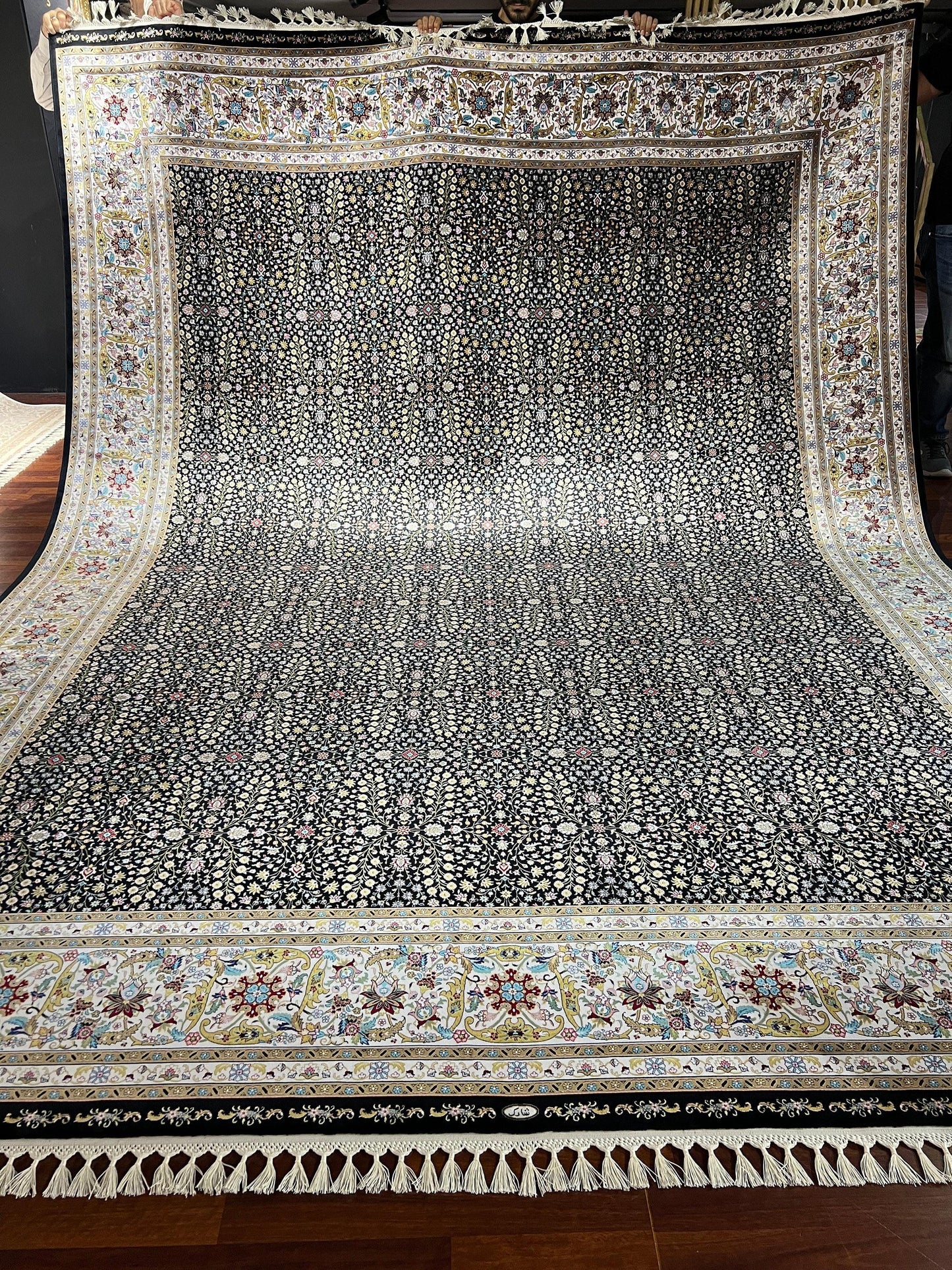 9x12 Black Silk Rug, Floral Border Area Rug, Luxury Living Room Carpet, Palace Style Decor