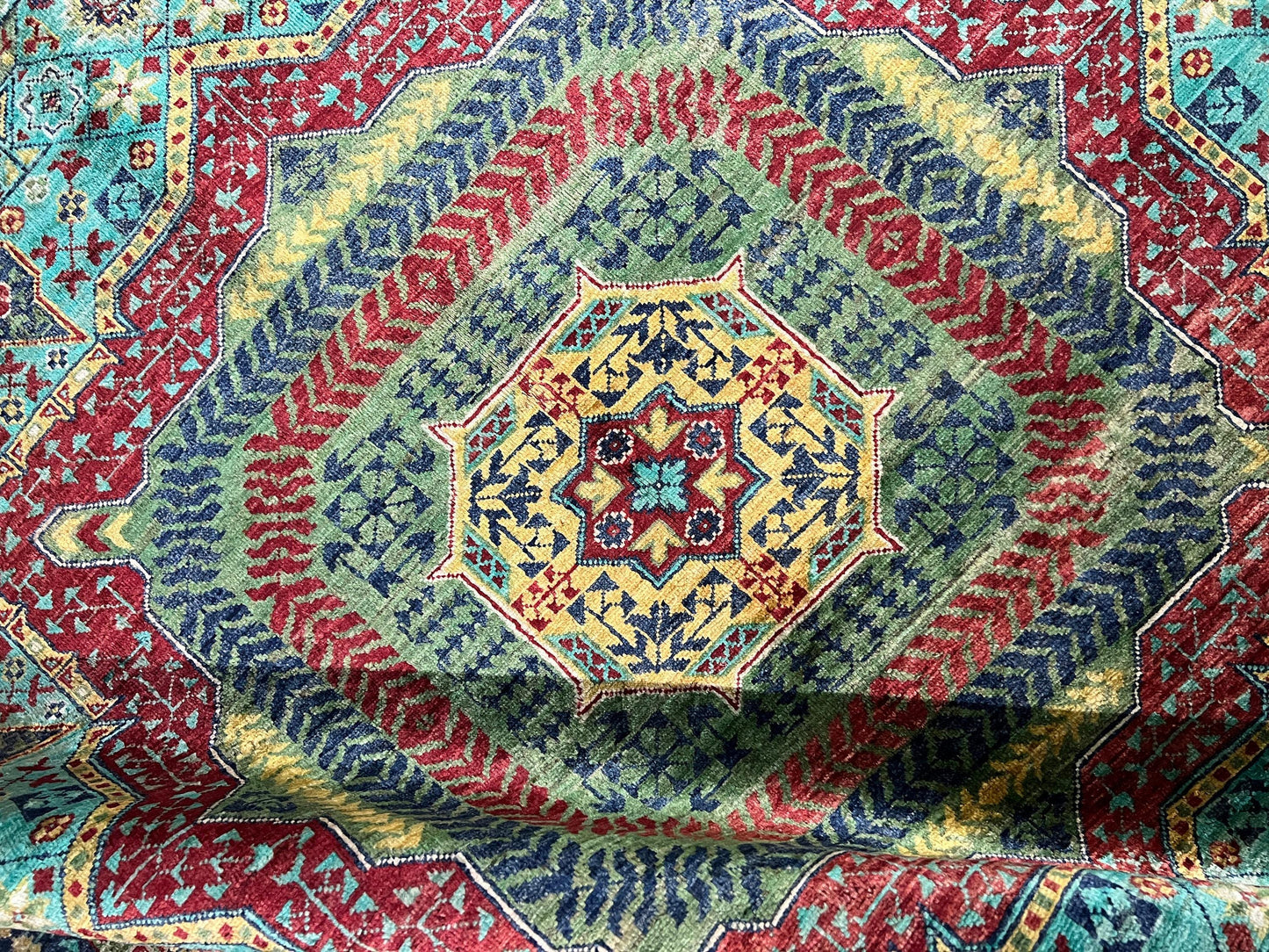 6x8 Green Blue Mamluk Rug, Geometric Medallion Wool Rug, Boho Living Room Area Rug