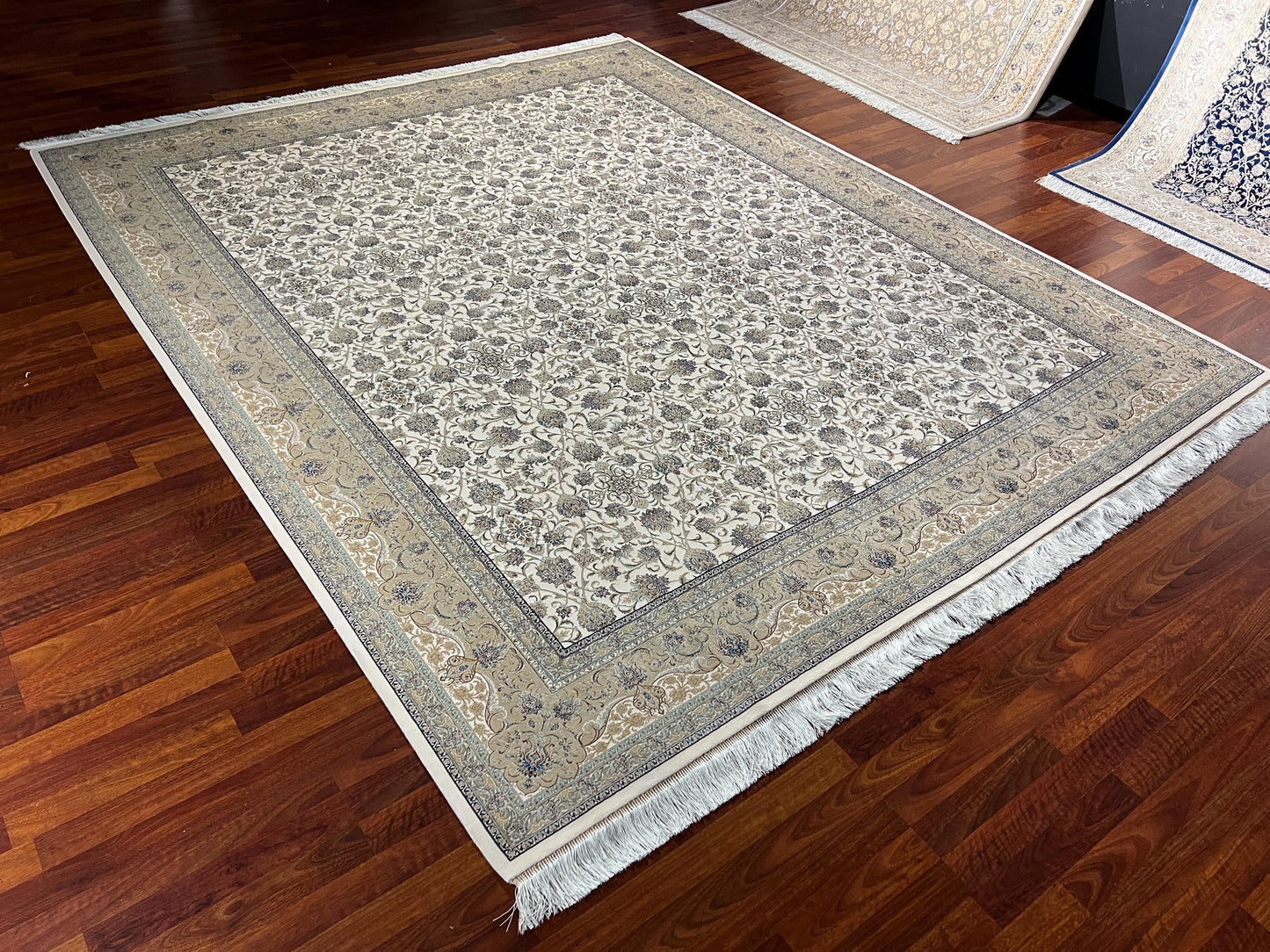 8x10 Light Ivory Floral Rug, Wool Silk Area Rug, Luxury Oversized Living Room Rug