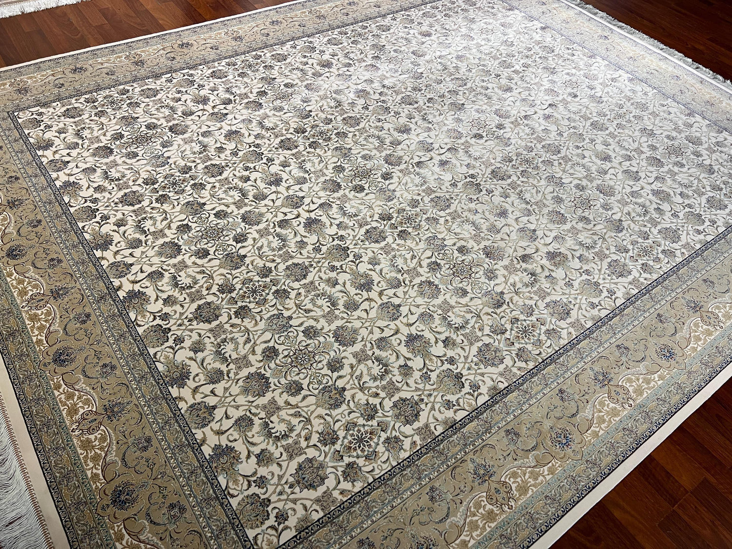 8x10 Light Ivory Floral Rug, Wool Silk Area Rug, Luxury Oversized Living Room Rug