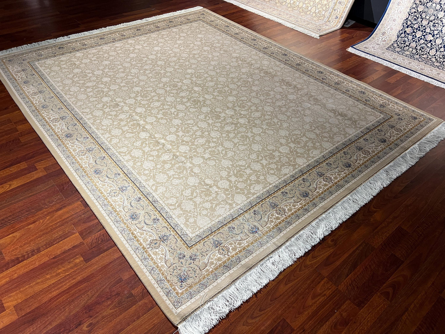 8x12ft Gold Beige Floral Rug, Acrylic Modal Silk Area Rug, Luxury Oversized Living Room Rug