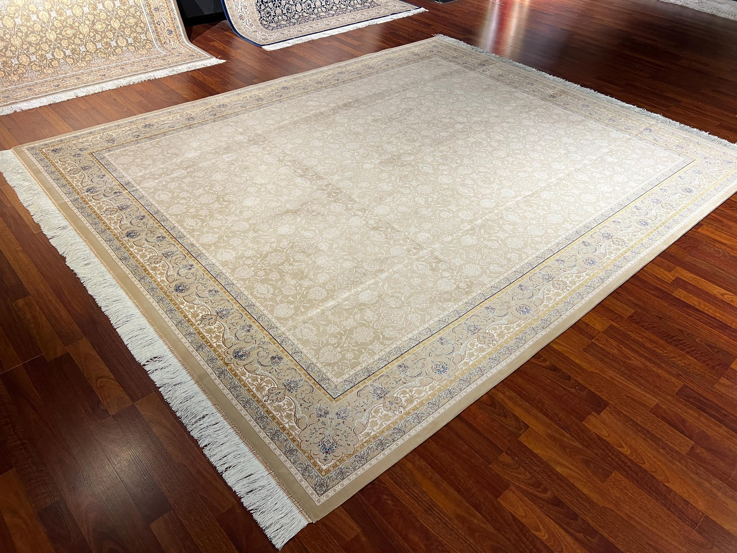 8x12ft Gold Beige Floral Rug, Acrylic Modal Silk Area Rug, Luxury Oversized Living Room Rug