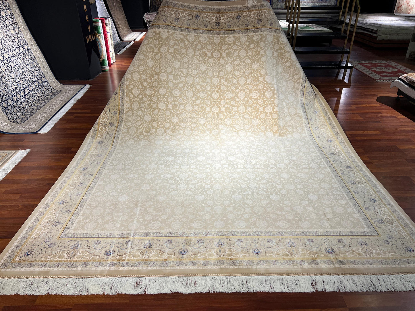 8x12ft Gold Beige Floral Rug, Acrylic Modal Silk Area Rug, Luxury Oversized Living Room Rug