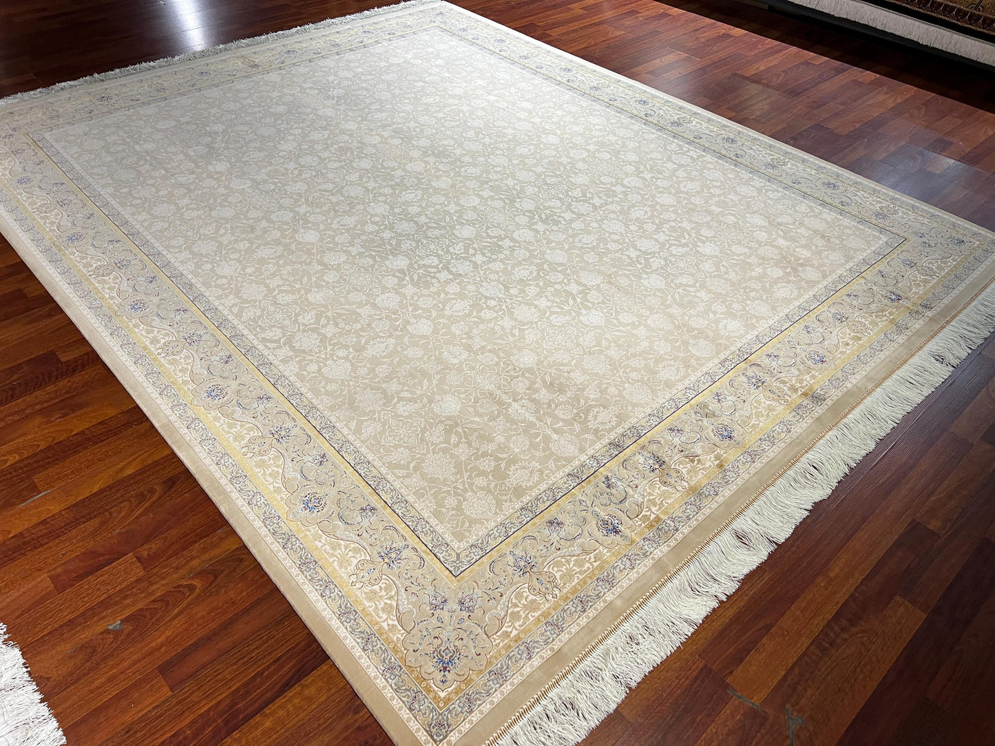 8x12ft Gold Beige Floral Rug, Acrylic Modal Silk Area Rug, Luxury Oversized Living Room Rug