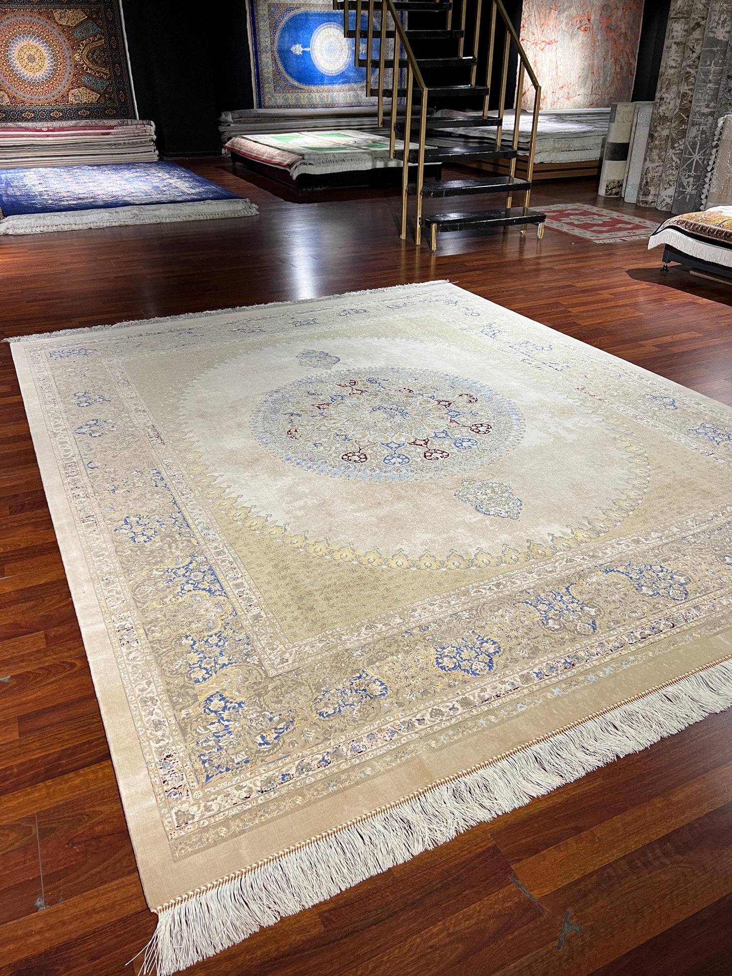 8x10 Gold Blue Medallion Rug, Acrylic Modal Silk Area Rug, Luxury Oversized Living Room Rug