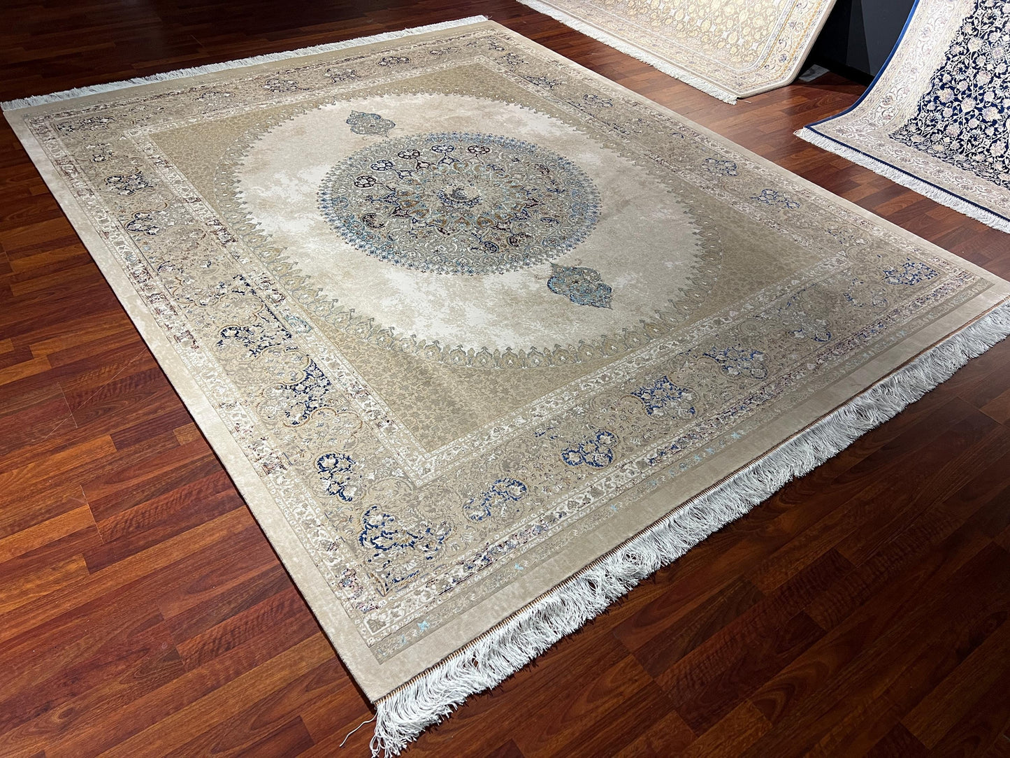 8x10 Gold Blue Medallion Rug, Acrylic Modal Silk Area Rug, Luxury Oversized Living Room Rug
