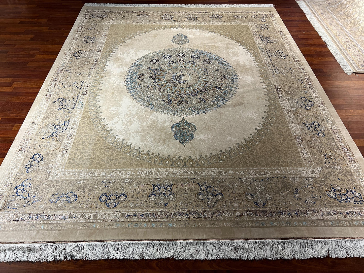 8x10 Gold Blue Medallion Rug, Acrylic Modal Silk Area Rug, Luxury Oversized Living Room Rug
