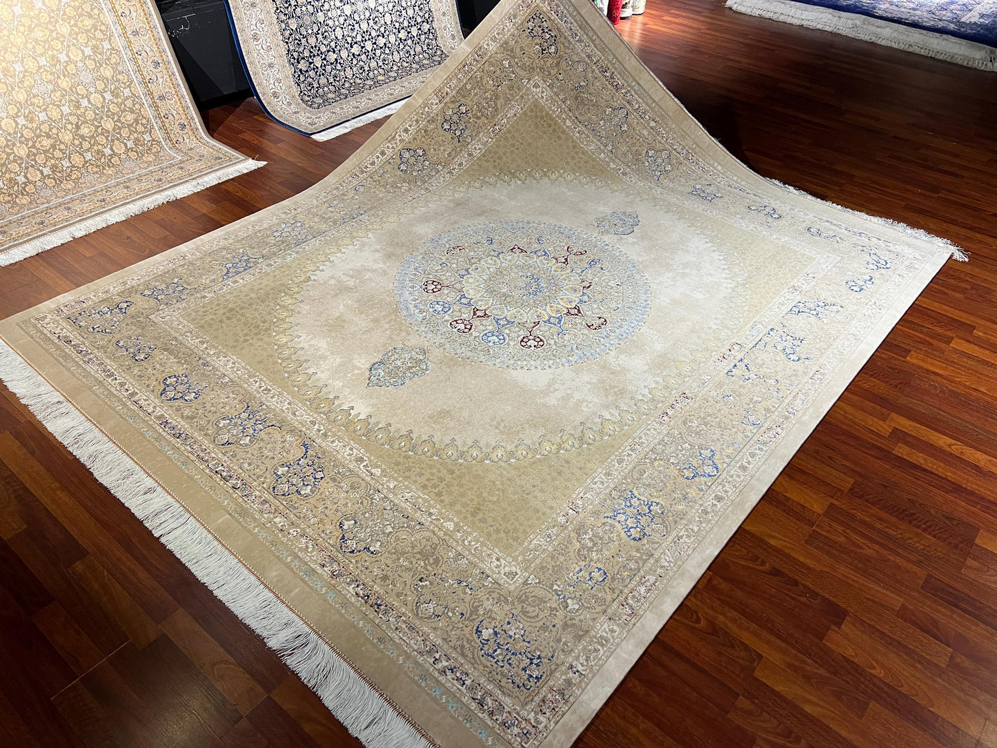 8x10 Gold Blue Medallion Rug, Acrylic Modal Silk Area Rug, Luxury Oversized Living Room Rug
