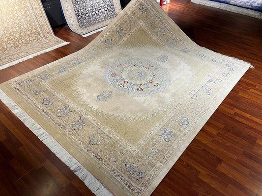 8x10 Gold Blue Medallion Rug, Acrylic Modal Silk Area Rug, Luxury Oversized Living Room Rug