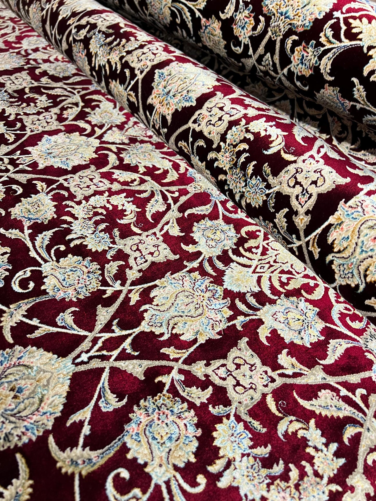 8x12 Red Gold Floral Rug, Burgundy Ivory Area Rug, Acrylic Modal Silk Living Room Rug