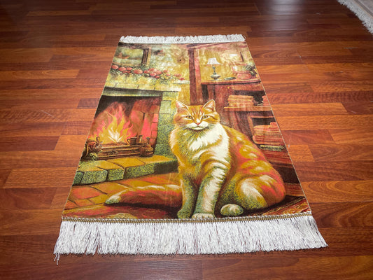 2x3 Cat Modal Silk Tapestry Rug, Fireplace Cat Mini Rug, Decorative Wall Hanging, Cozy Gift Rug