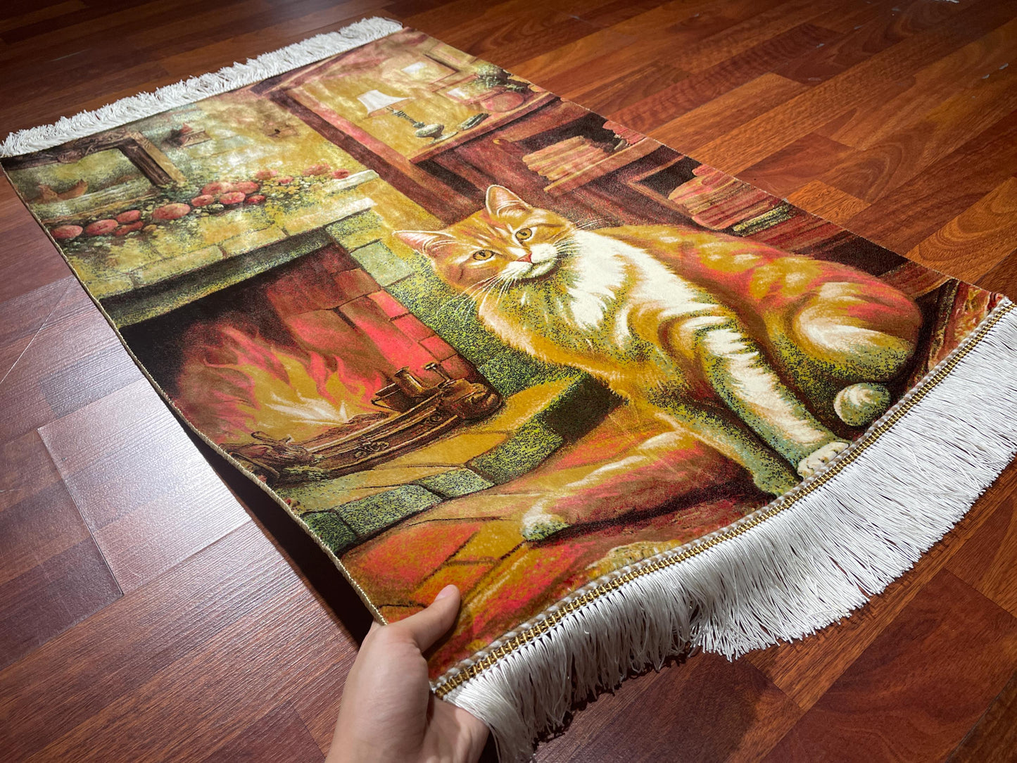 2x3 Cat Modal Silk Tapestry Rug, Fireplace Cat Mini Rug, Decorative Wall Hanging, Cozy Gift Rug