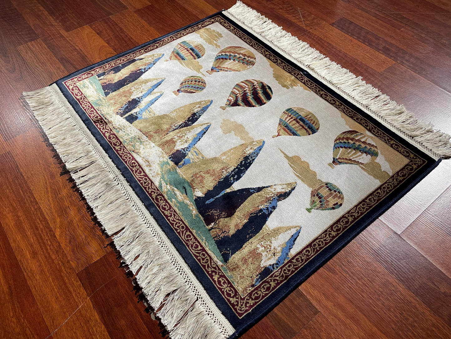 1.64x2.29 ft Hot Air Balloon Modal Silk Tapestry Rug, Cappadocia Wall Hanging Rug, Mini Gift Rug