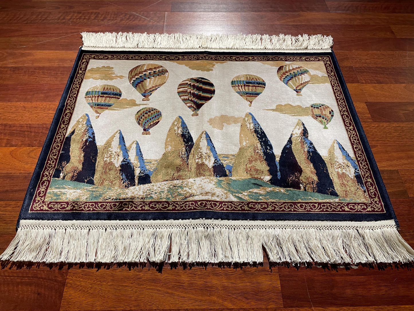 1.64x2.29 ft Hot Air Balloon Modal Silk Tapestry Rug, Cappadocia Wall Hanging Rug, Mini Gift Rug