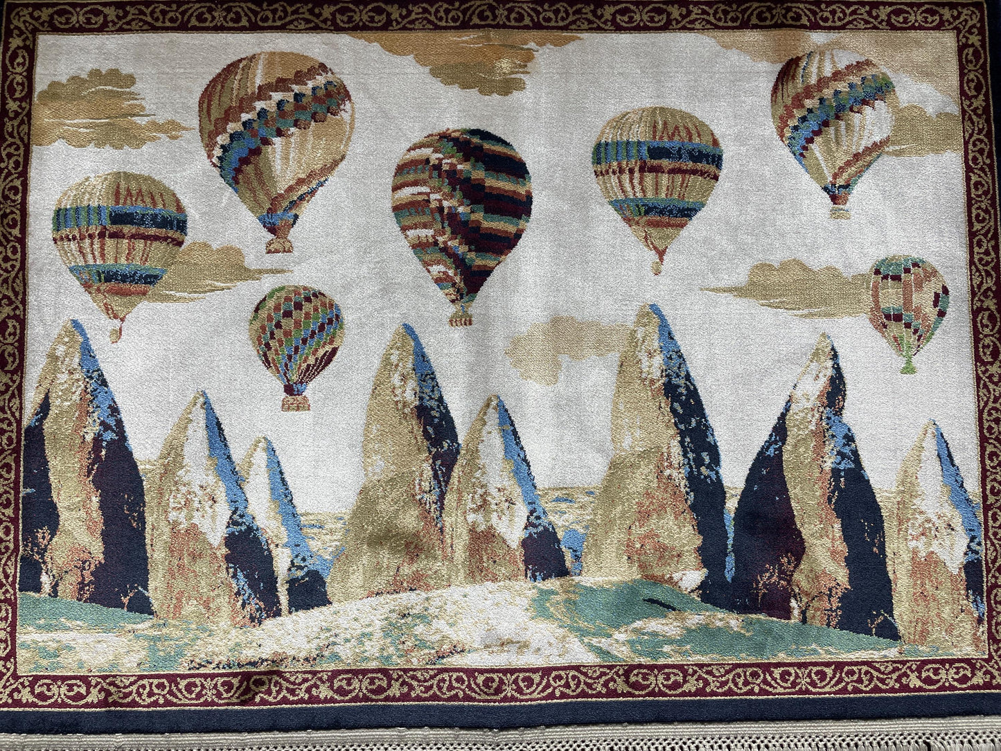1.64x2.29 ft Hot Air Balloon Modal Silk Tapestry Rug, Cappadocia Wall Hanging Rug, Mini Gift Rug