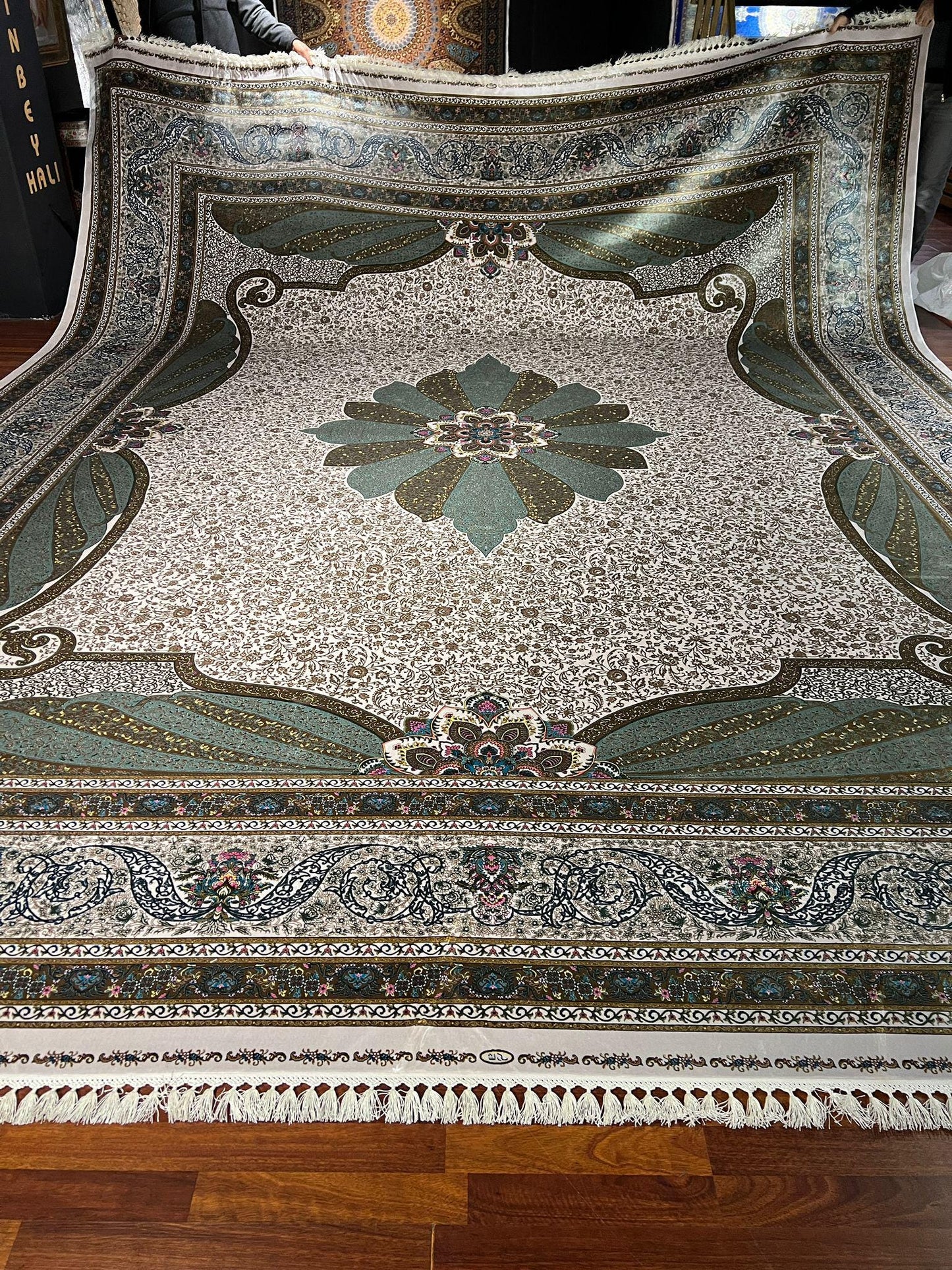 13x16 ft Oversized  Green Beige Silk Rug, Palace Style Carpet, Luxury Living Room Rug