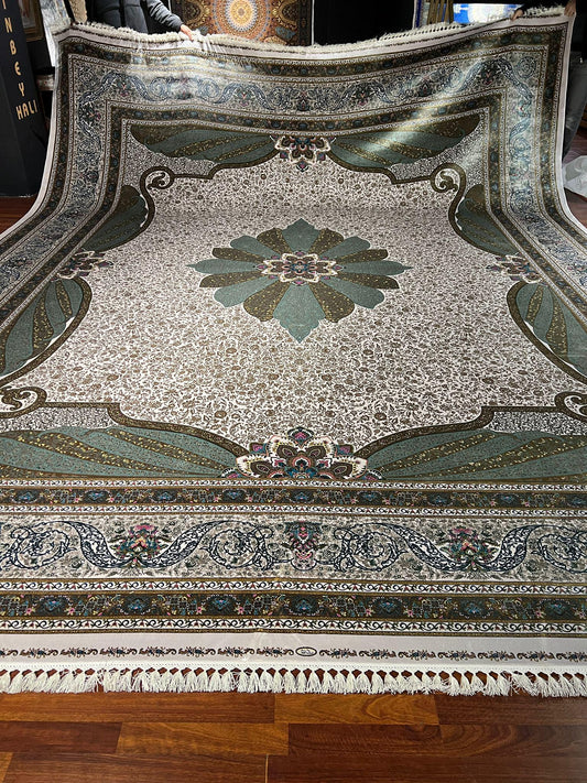 13x16 ft Oversized  Green Beige Silk Rug, Palace Style Carpet, Luxury Living Room Rug