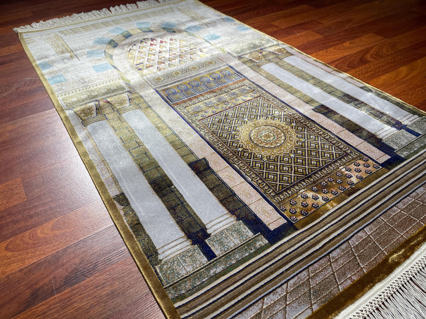 Modal Silk Sajjadah Prayer Rug, Cream Gold Mosque Architecture Prayer Mat, 150 Combs Islamic Gift Rug
