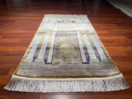 Modal Silk Sajjadah Prayer Rug, Cream Gold Mosque Architecture Prayer Mat, 150 Combs Islamic Gift Rug