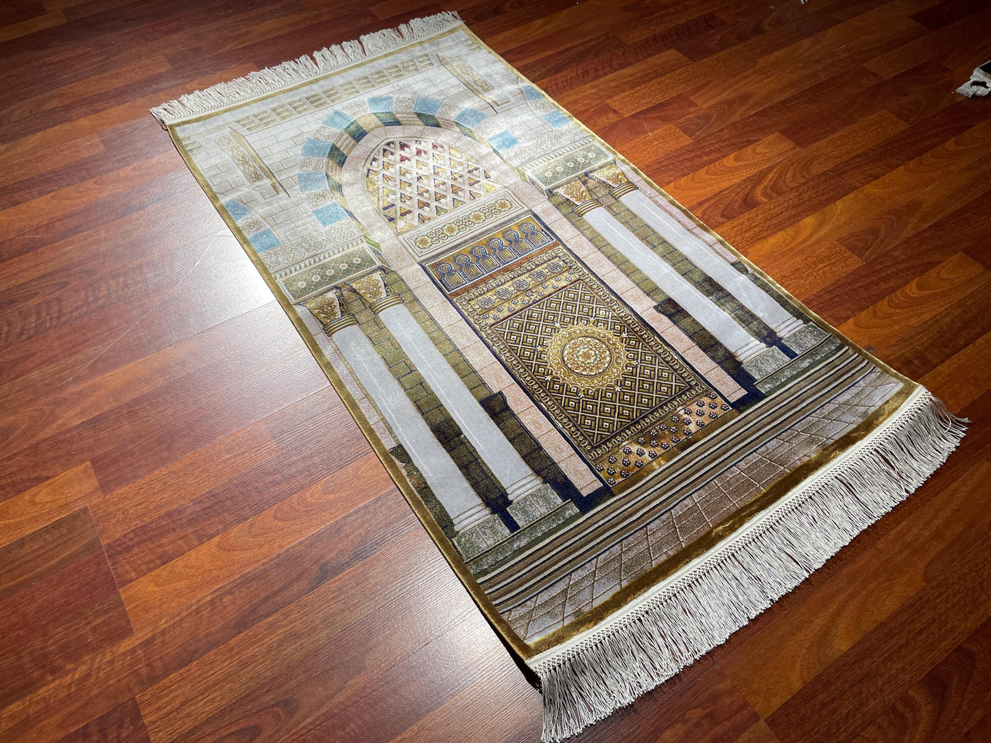Modal Silk Sajjadah Prayer Rug, Cream Gold Mosque Architecture Prayer Mat, 150 Combs Islamic Gift Rug