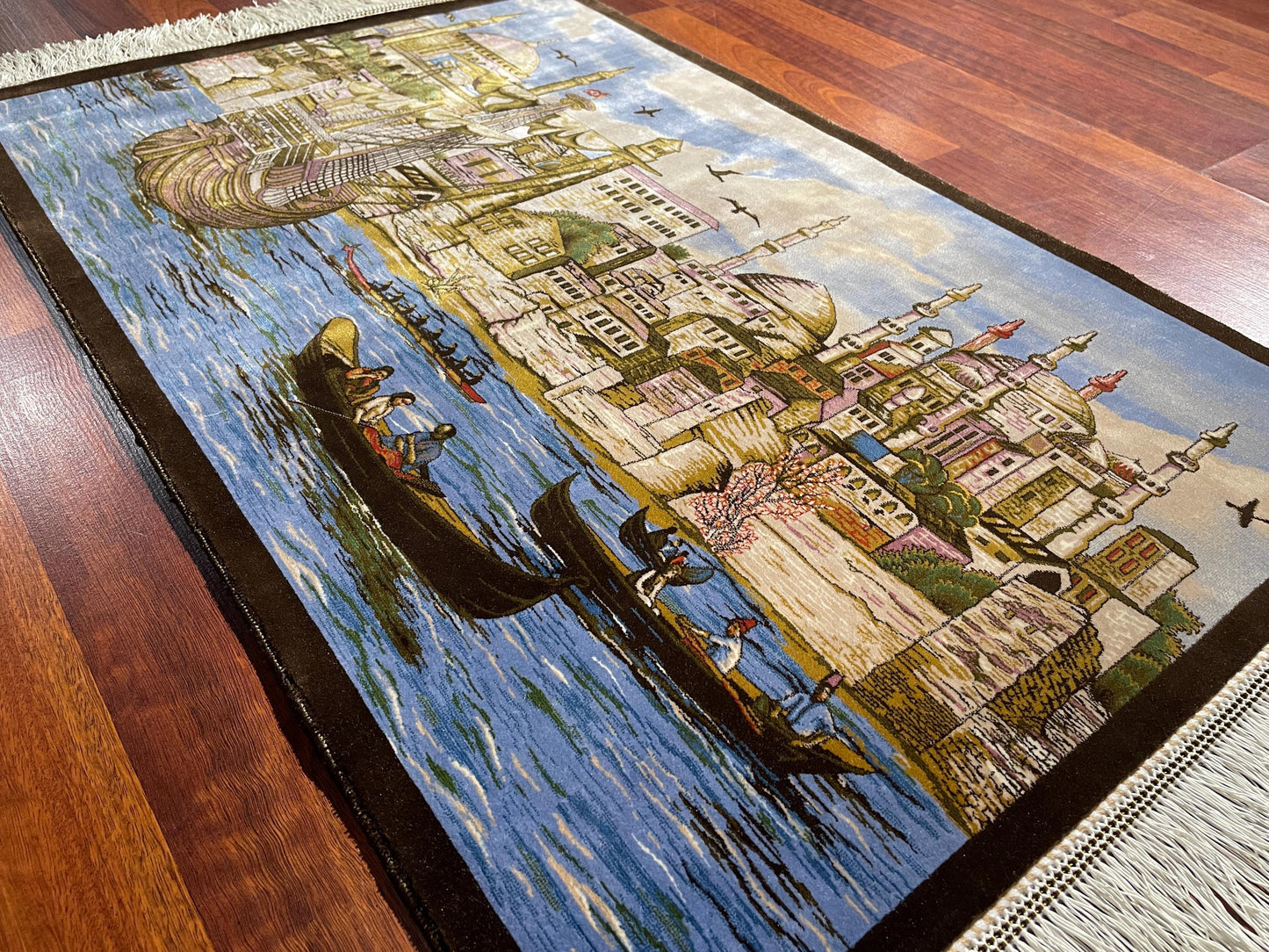 1.96x2.95 ft Istanbul Modal Silk Tapestry Rug, 150 Combs Decorative Wall Hanging, Cityscape Gift Rug, Mini Silk Decor Rug