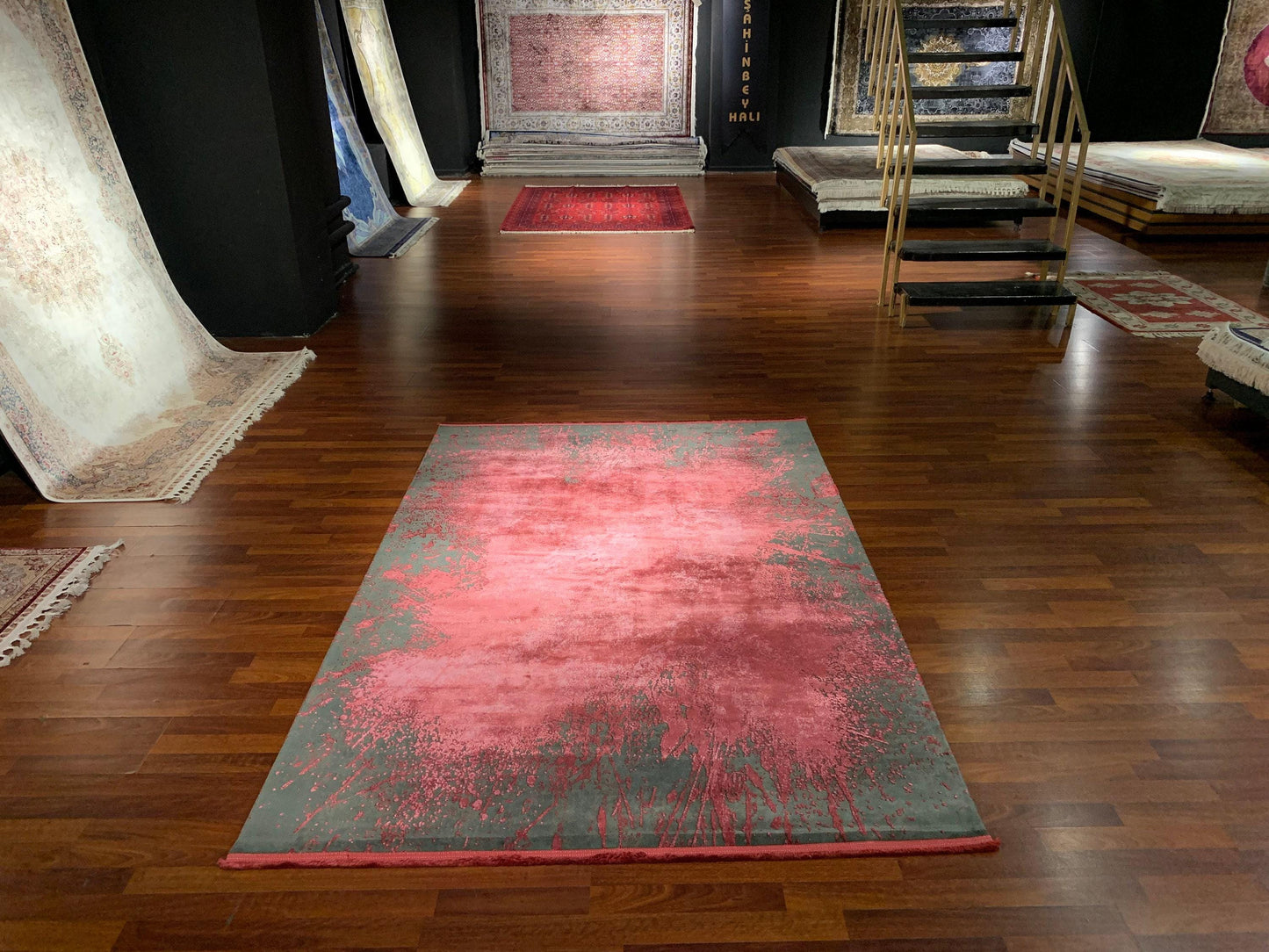 5x8 Gray Red Modern Rug, Bamboo Acrylic Area Rug, Abstract Living Room Rug, Modern Carpet