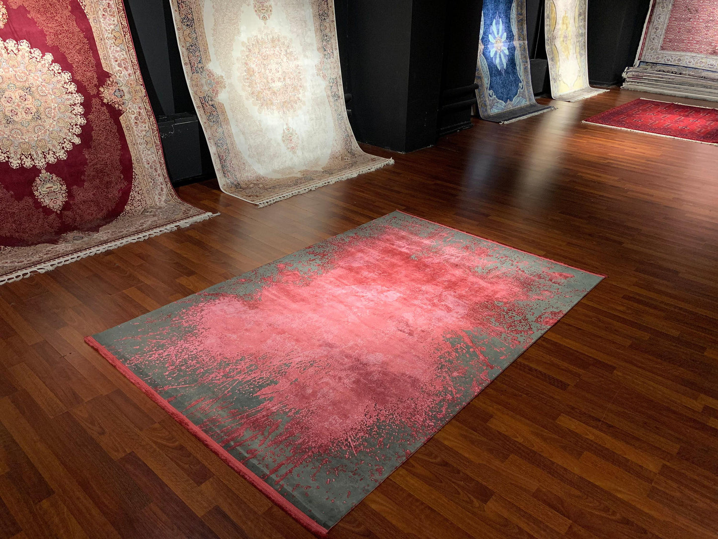 5x8 Gray Red Modern Rug, Bamboo Acrylic Area Rug, Abstract Living Room Rug, Modern Carpet