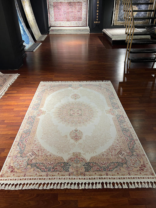 5x8 Cream Blue Rug, Modal Silk Area Rug, Classic Floral Rug, Luxury Living Room Carpet