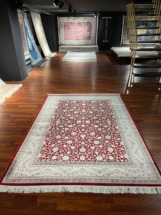 5x8 Red Beige Silk Rug, Floral Area Rug, Modal Silk Living Room Carpet, Classic Home Decor