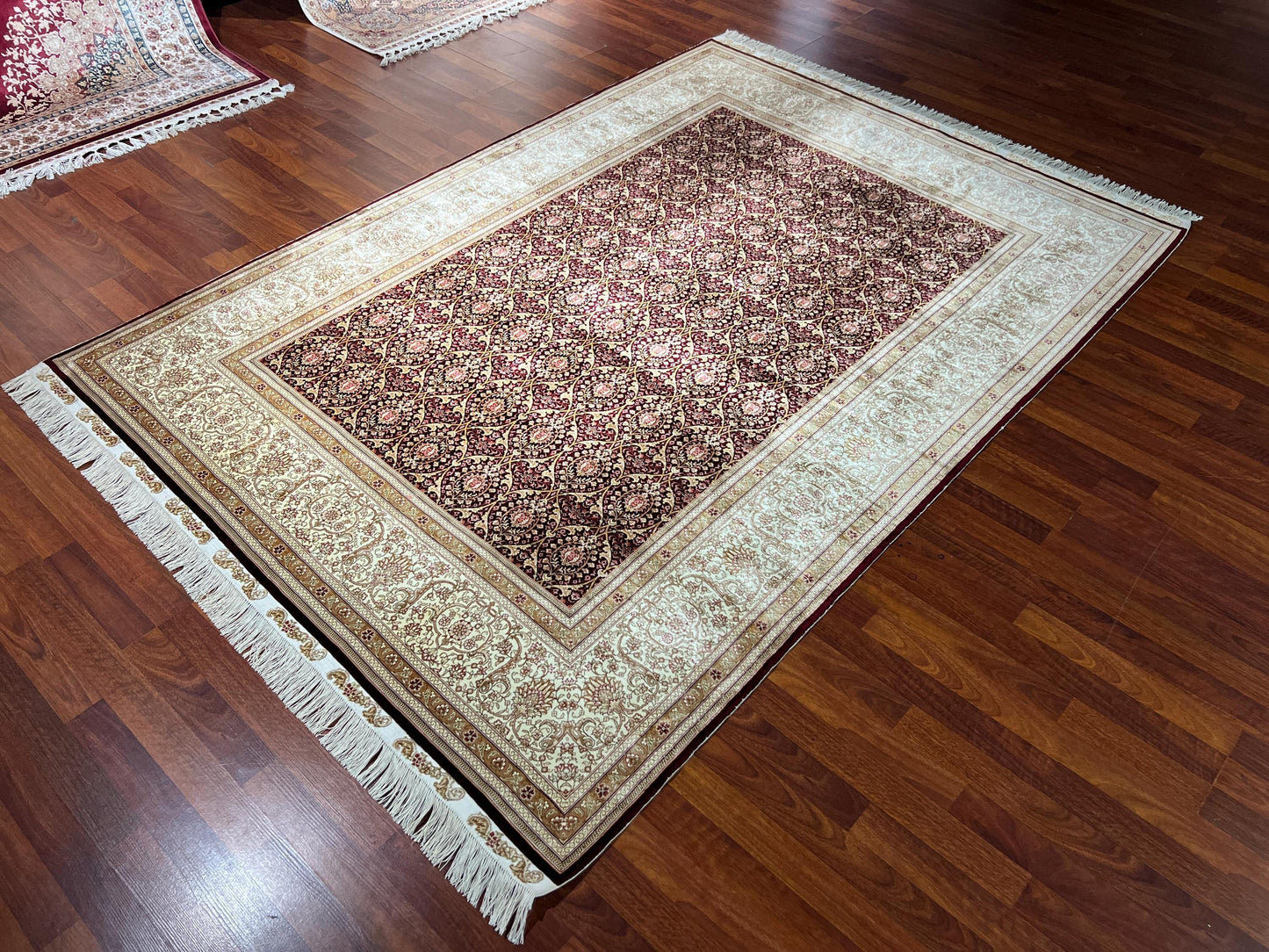 5x8 Green Beige Silk Rug, Floral Area Rug, Luxury Living Room Carpet, Classic Home Decor Rug