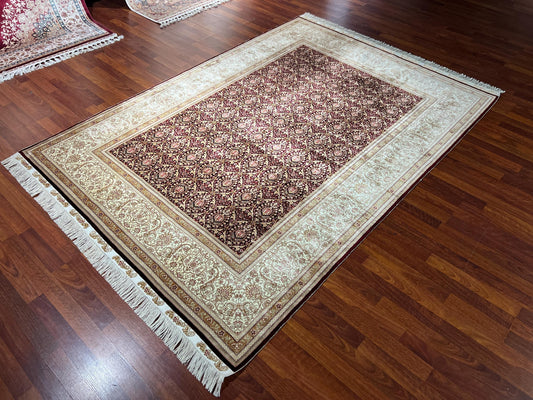5x8 Green Beige Silk Rug, Floral Area Rug, Luxury Living Room Carpet, Classic Home Decor Rug