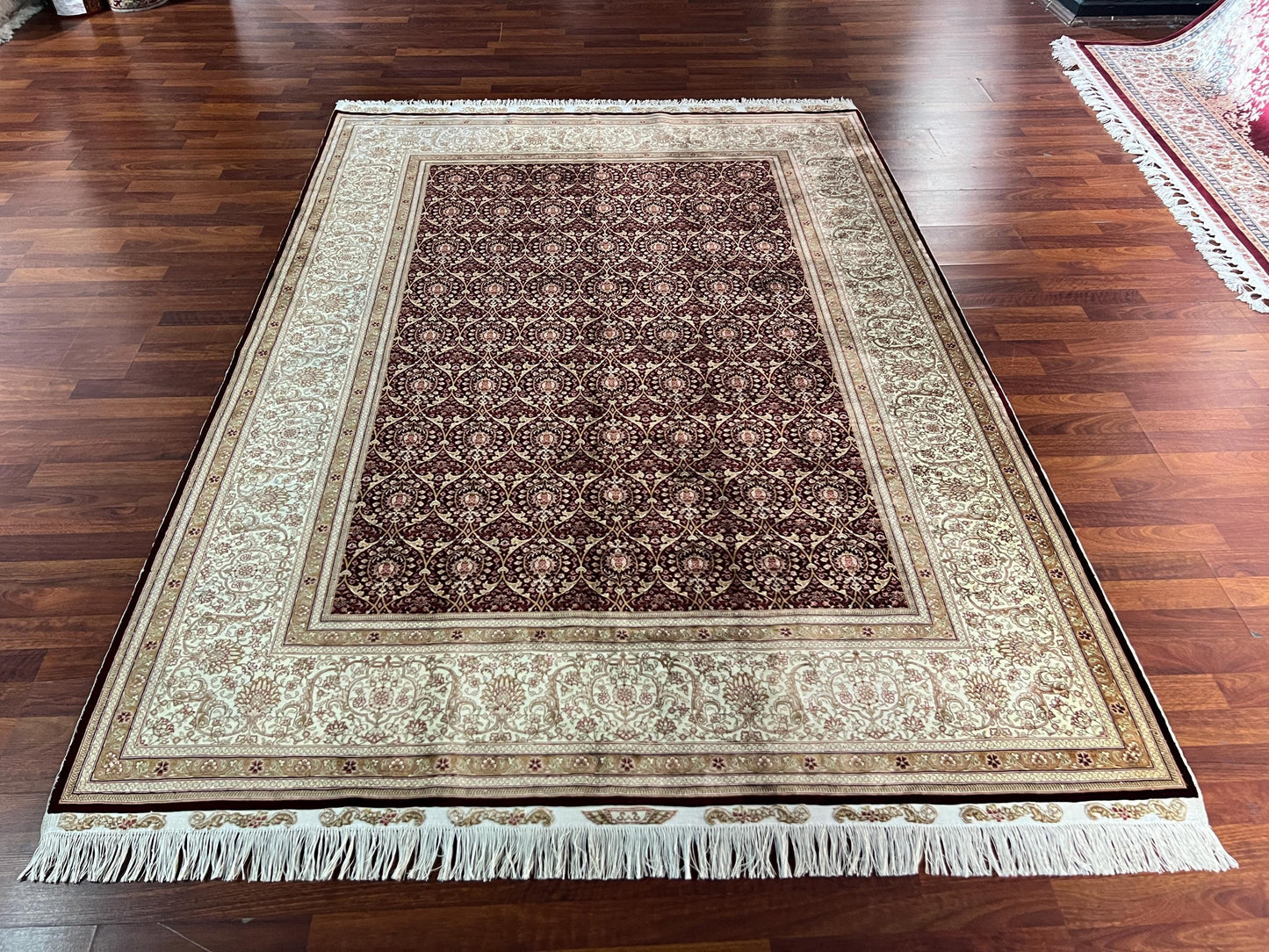 5x8 Green Beige Silk Rug, Floral Area Rug, Luxury Living Room Carpet, Classic Home Decor Rug