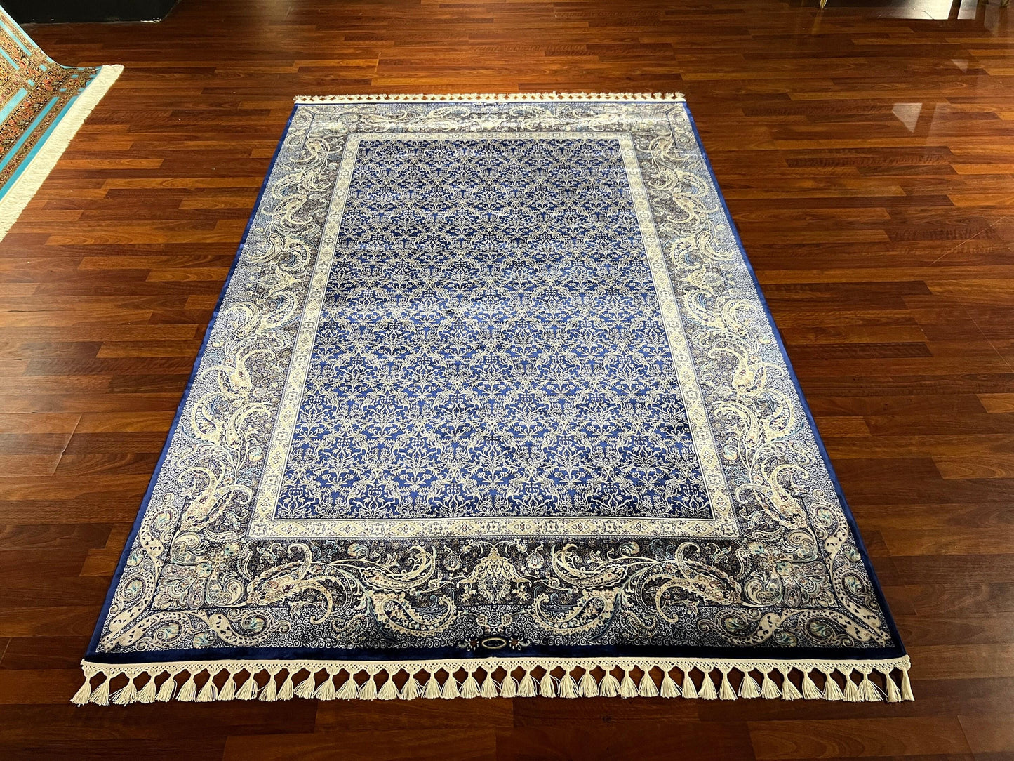 5x8 Blue Floral Silk Rug, Turkish Style Area Rug, Luxury Living Room Carpet, Modal Silk Home Decor